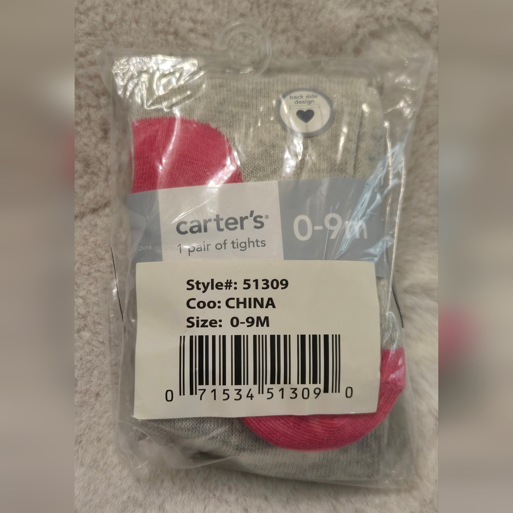 Carter's Tights 0-9 Months Grey Pink Heart Bottom Design Style 51309 New
